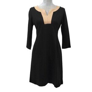 Talbots Sheath Dress 2‎ Petite Black Beige 3/4 Sleeve Ponte Knit Career Office
